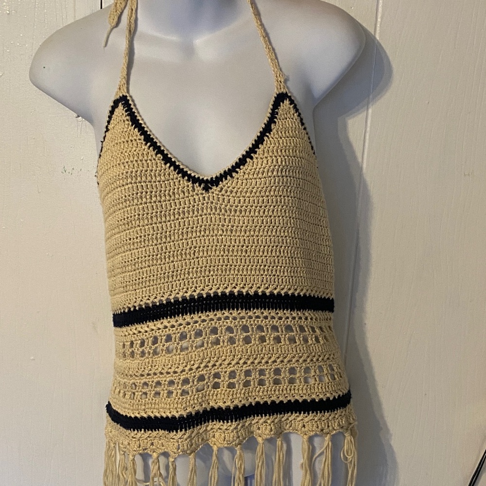 Paper Crane Beige and Black Crochet Halter Top